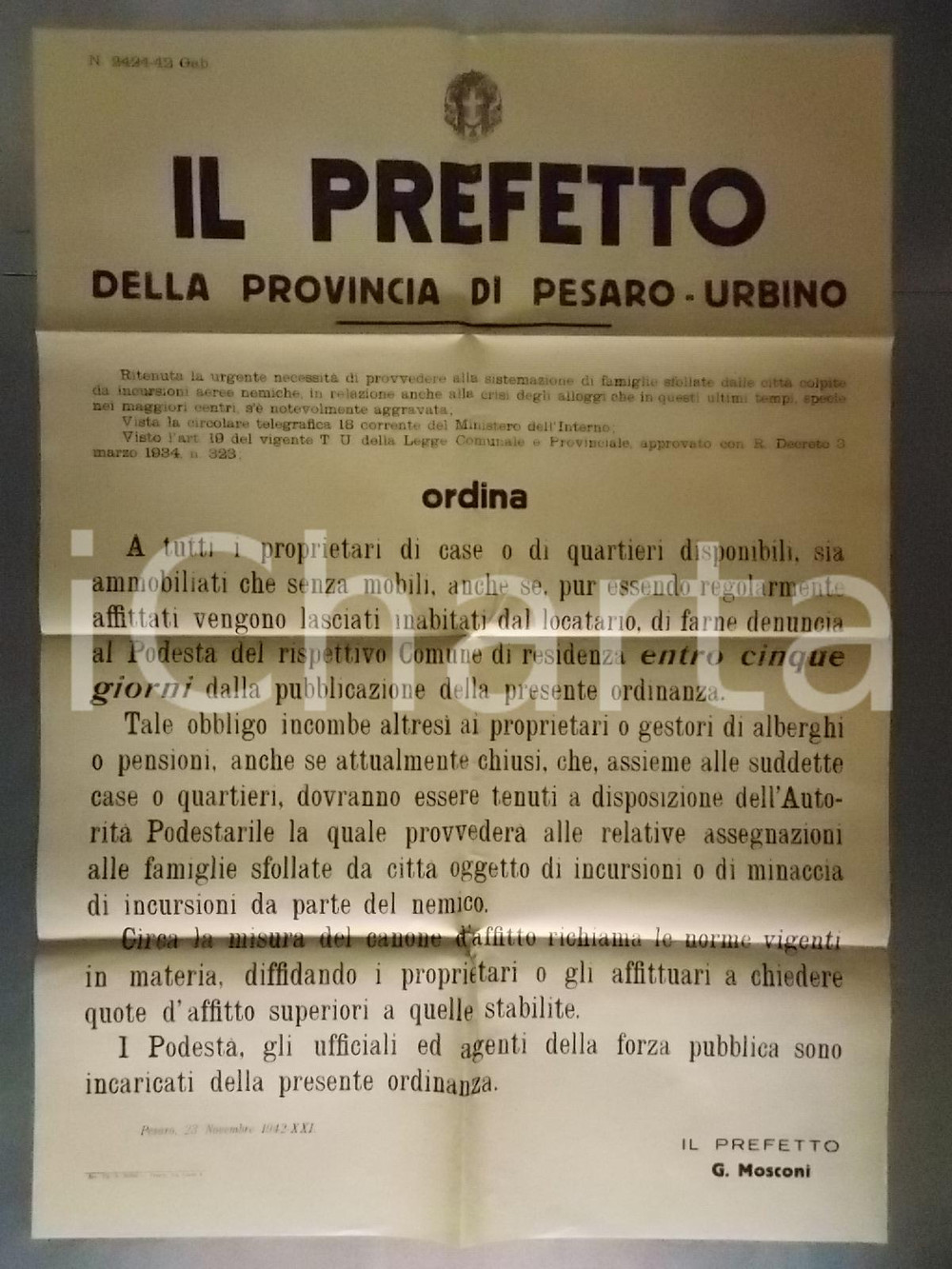 Documento originale, autentico 1942 WW2 PESARO Case sfitte a famiglie sfollate per incursioni nemiche MANIFESTO 1