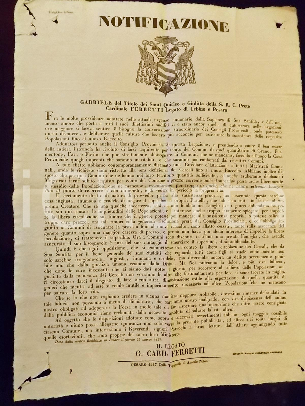 Documento originale, autentico 1847 PESARO Acquisto pubblico grano e formentone per Comuni bisognosi MANIFESTO 1