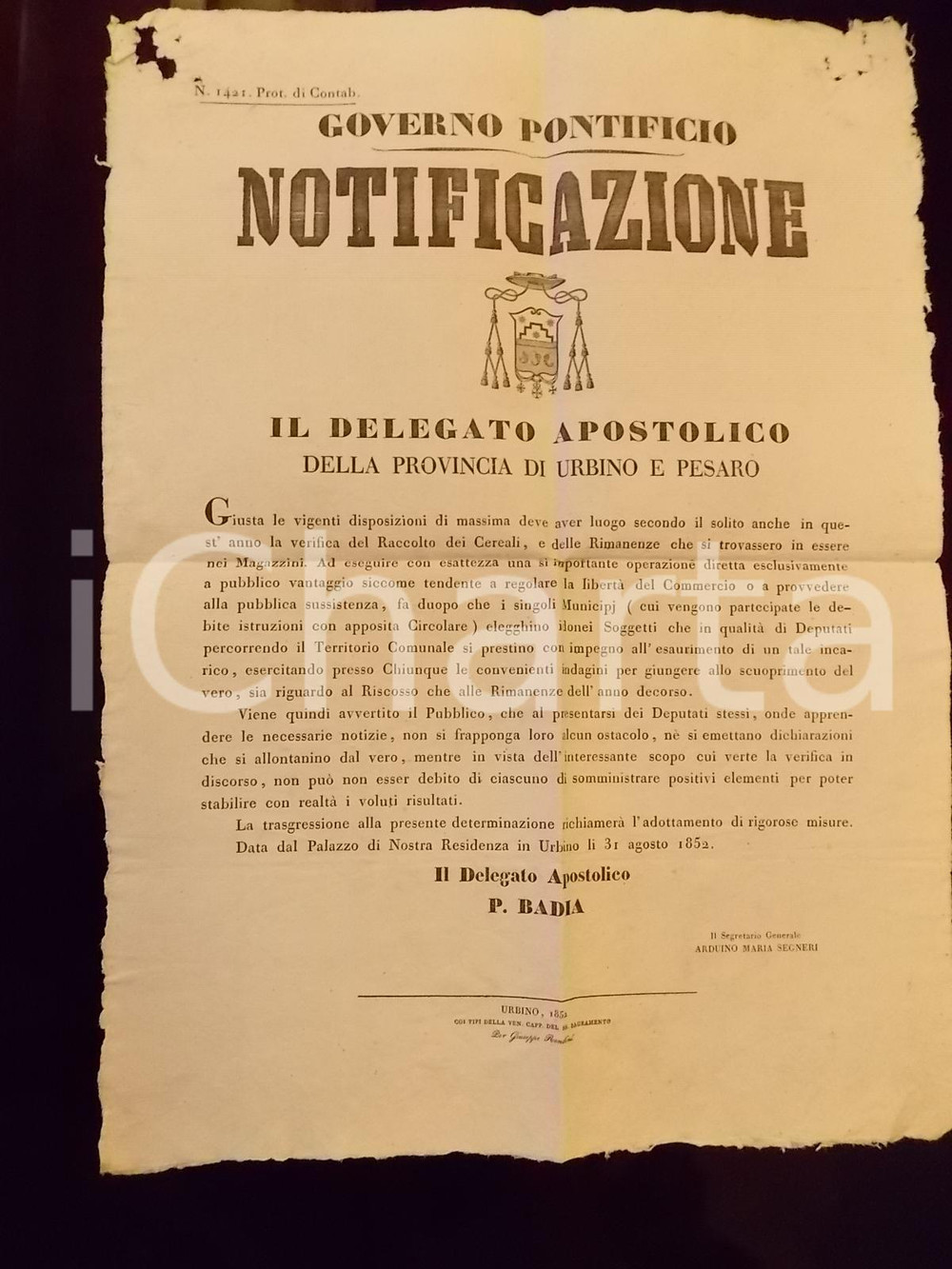 Documento originale, autentico 1852 URBINO Censimento raccolto del grano e rimanenze nei magazzini Manifesto 1