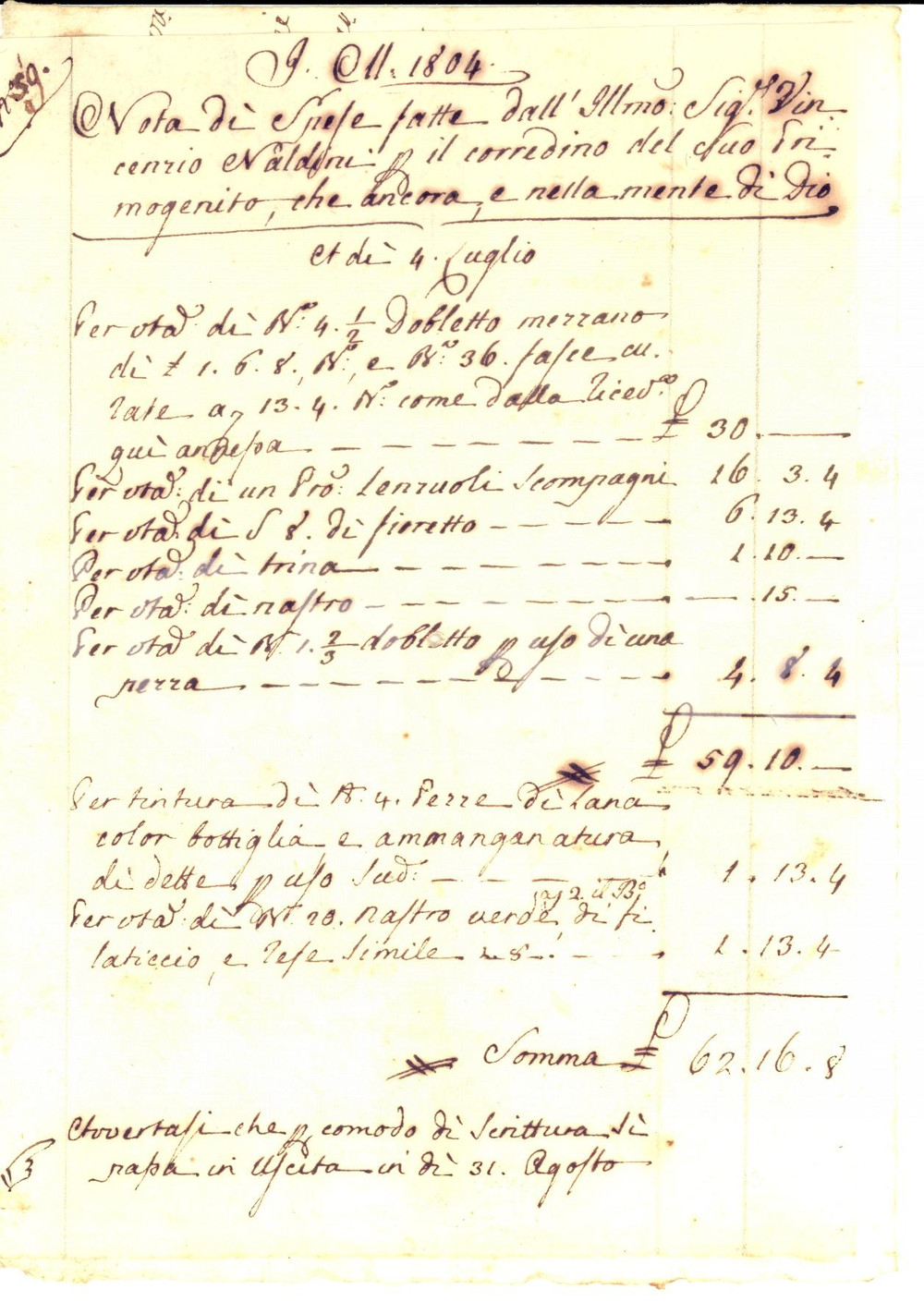 Manoscritto, lettera originale 1804 FIRENZE Spese Vincenzo NALDINI DEL RICCIO per corredino del primogenito 1