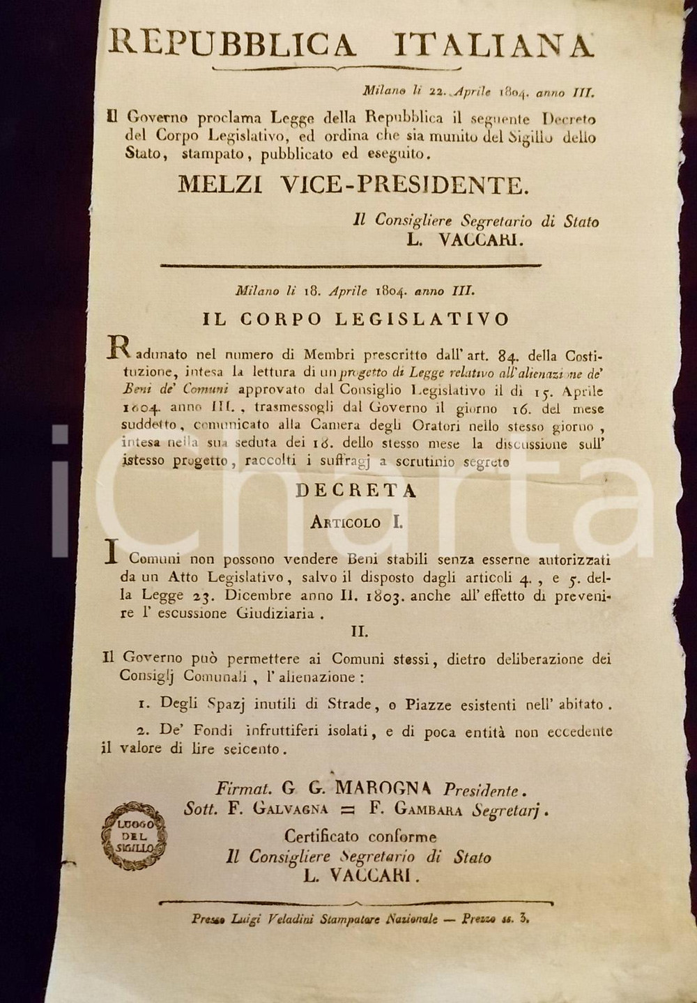 Documento originale, autentico 1804 REPUBBLICA ITALIANA MILANO Sulla vendita di stabili comunali Manifesto 1
