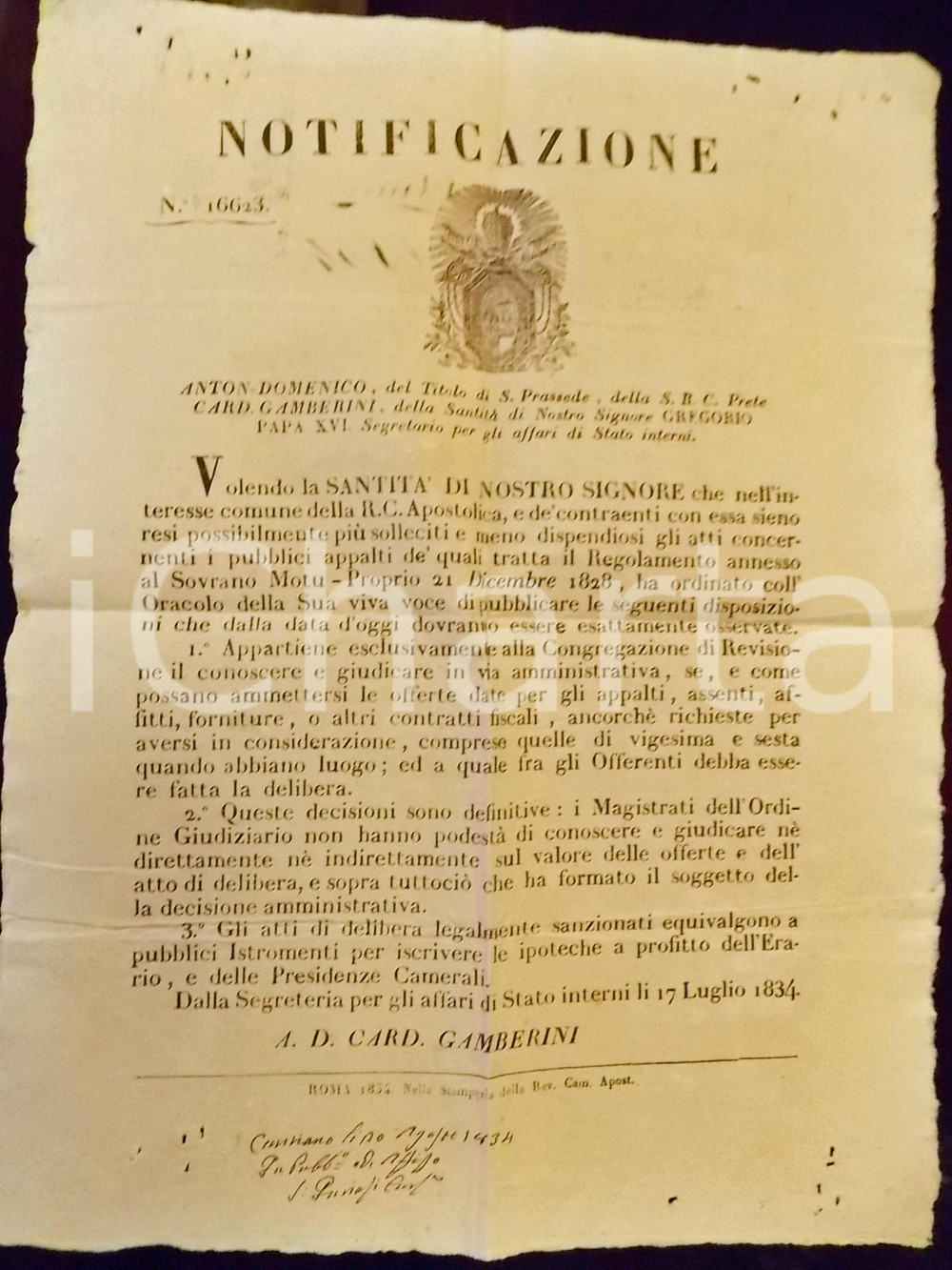 Documento originale, autentico 1831 STATO PONTIFICIO Sulle competenze della Congregazione di Revisione 1