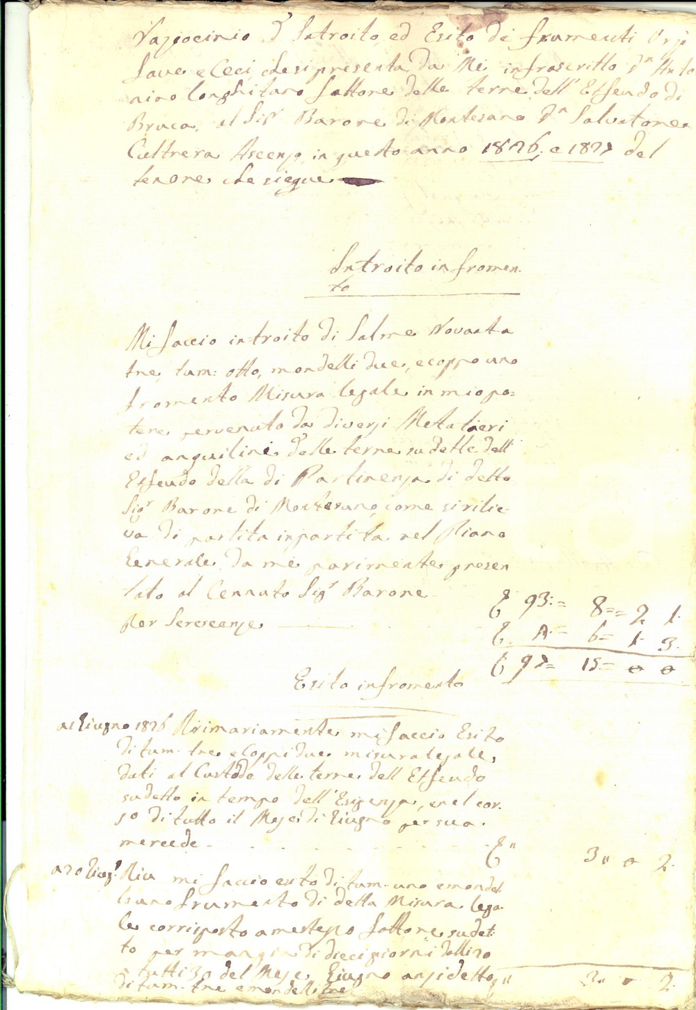 Documento originale, autentico 1827 RAGUSA Introito frumenti e fave ex feudo della BRUCA Manoscritto 22 pp. 1