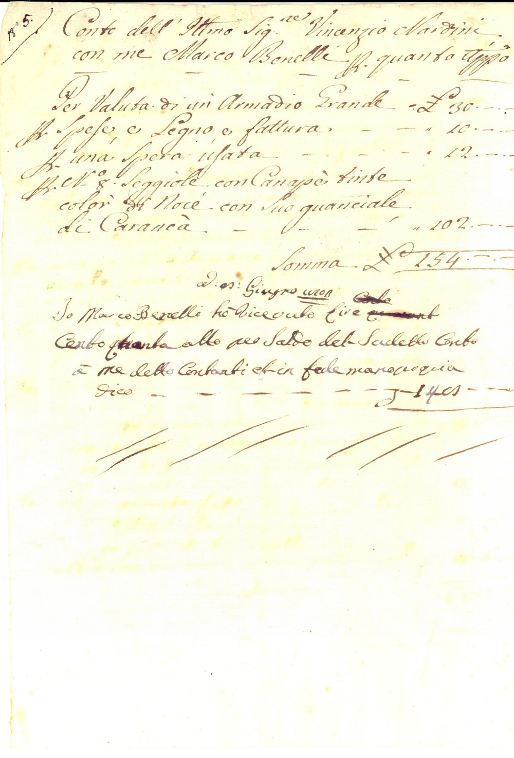 Manoscritto, lettera originale 1803 FIRENZE Conto del falegname Marco BENELLI per seggiole con canapè 1