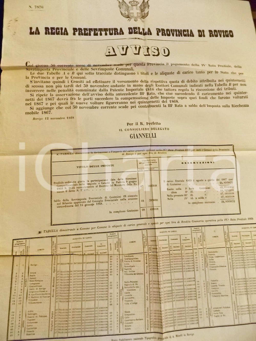 Documento originale, autentico 1868 ROVIGO Sul versamento della rata prediale Manifesto 50 x 70 cm 1