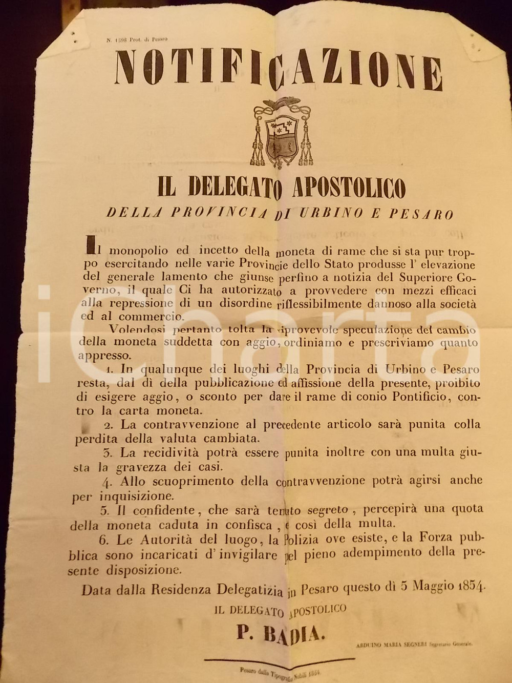 Documento originale, autentico 1854 PESARO Contro la speculazione sulle monete di rame Manifesto 40 x 55 cm 1