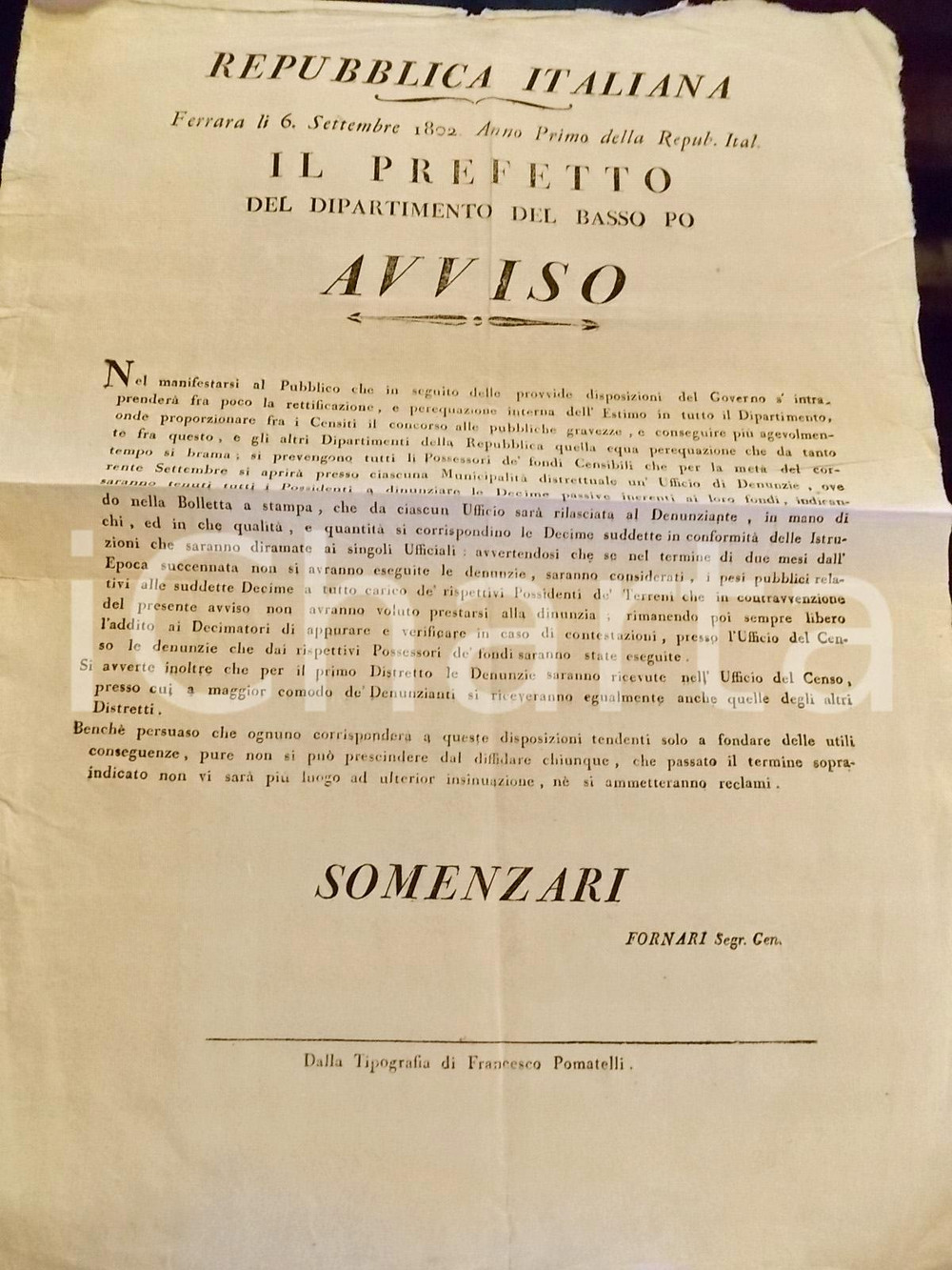 Documento originale, autentico 1802 REPUBBLICA ITALIANA FERRARA Decime passive sui fondi rurali Manifesto 1