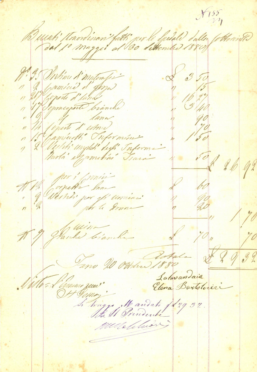 Documento originale, autentico 1880 FANO PU Conto lavandaia Elena BARTOLUCCI per Ospedale Civile 1