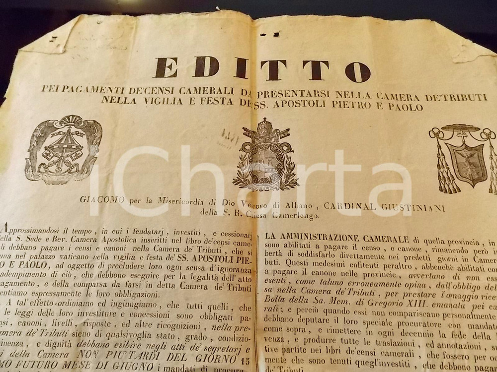 Documento originale, autentico 1841 STATO PONTIFICIO Editto per il pagamento dei censi camerali Manifesto 1