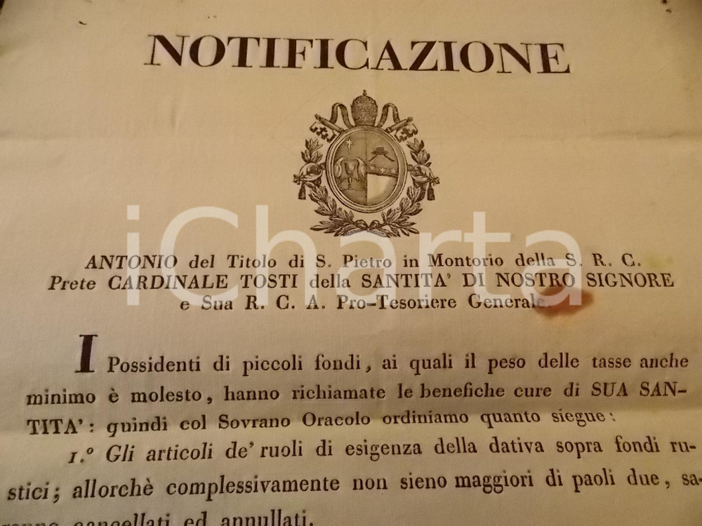 Documento originale, autentico 1840 STATO PONTIFICIO Cancellazione della dativa per i piccoli fondi rurali 1