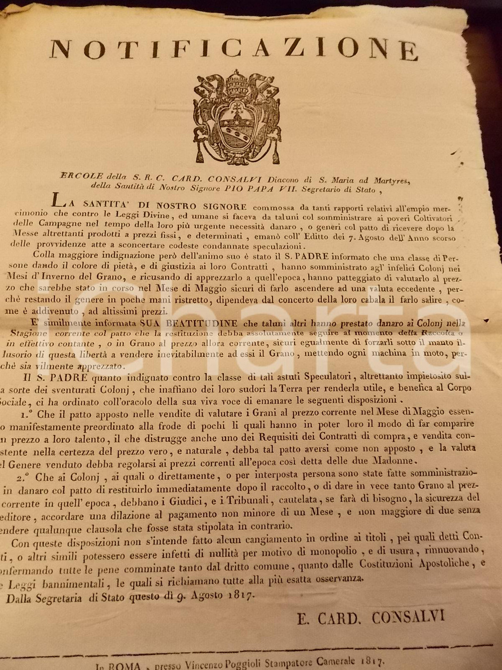 Documento originale, autentico 1817 STATO PONTIFICIO Contro la speculazione sul grano ai danni dei coloni 1