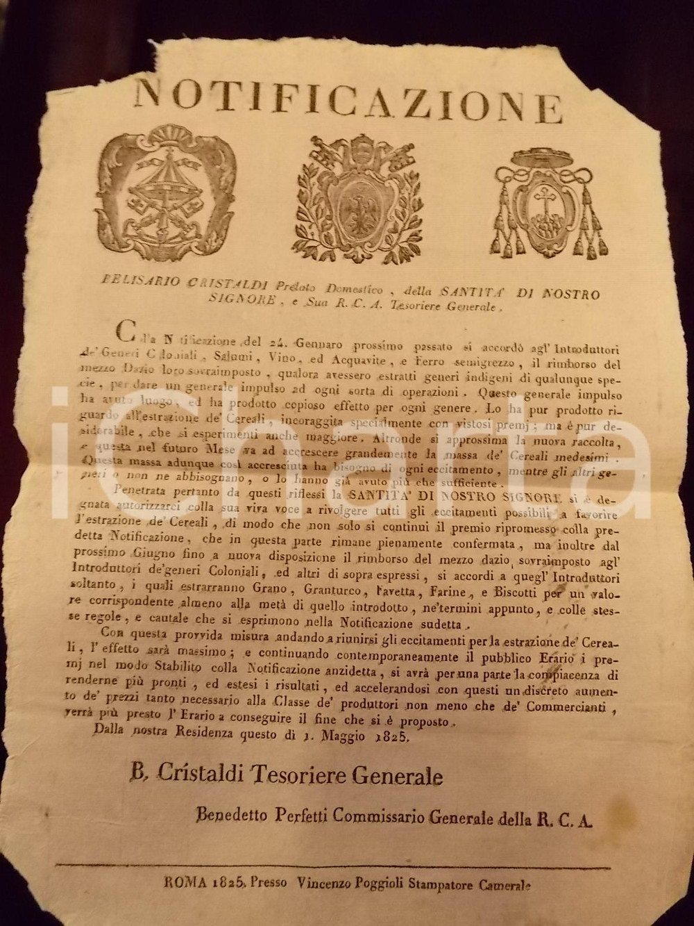 Documento originale, autentico 1825 STATO PONTIFICIO Rimborso del dazio sui generi coloniali Manifesto 1