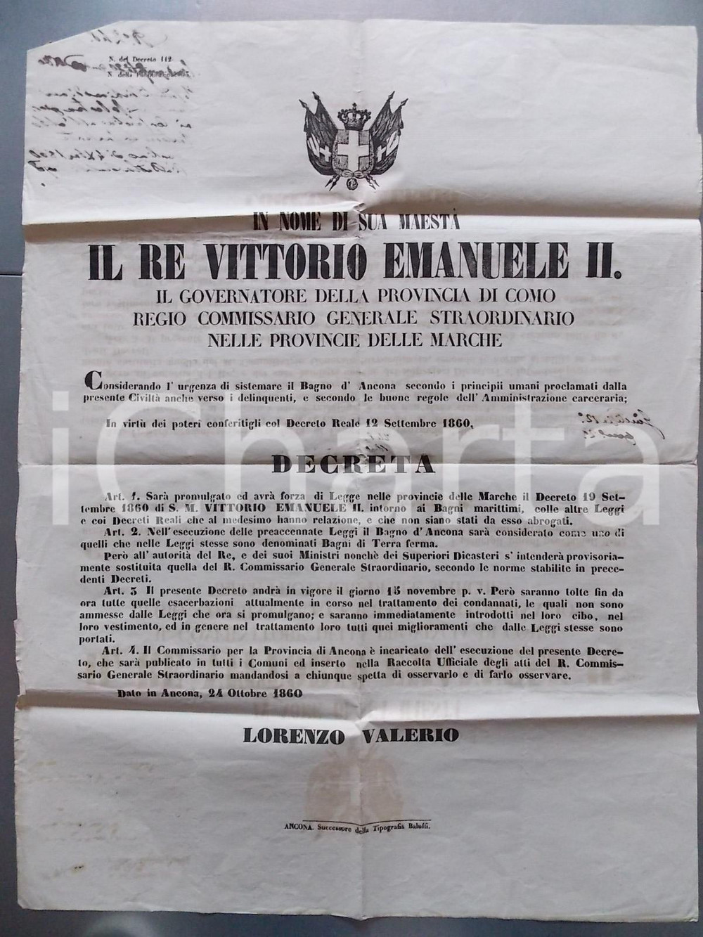 Documento originale, autentico 1860 ANCONA Sistemazione del carcere per civiltÃ  verso i delinquenti Manifesto 1
