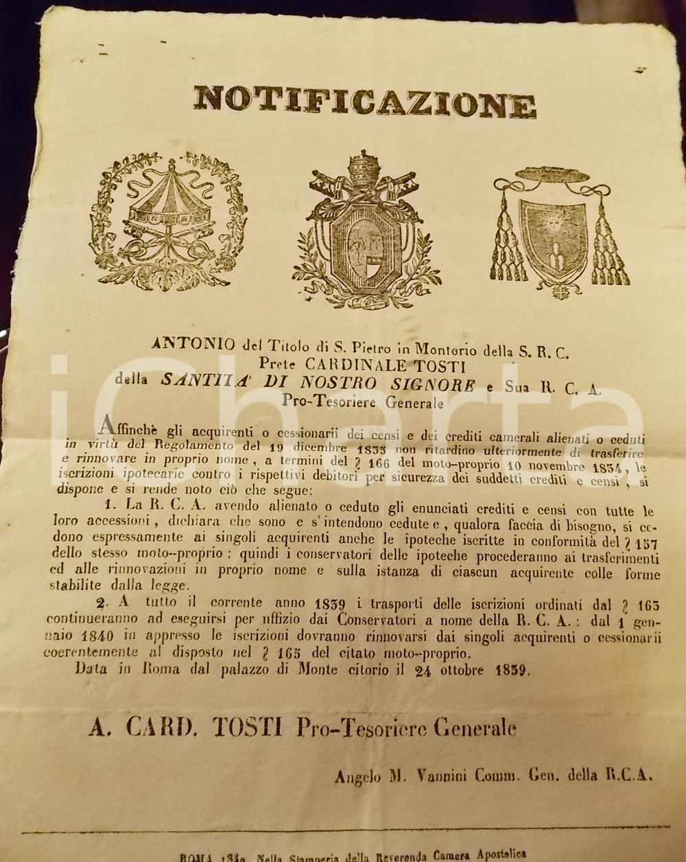 Documento originale, autentico 1839 STATO PONTIFICIO Editto per la vendita dei censi camerali Manifesto 1