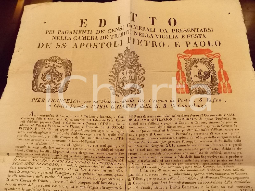 Documento originale, autentico 1832 STATO PONTIFICIO Editto per il pagamento dei censi camerali Manifesto 1