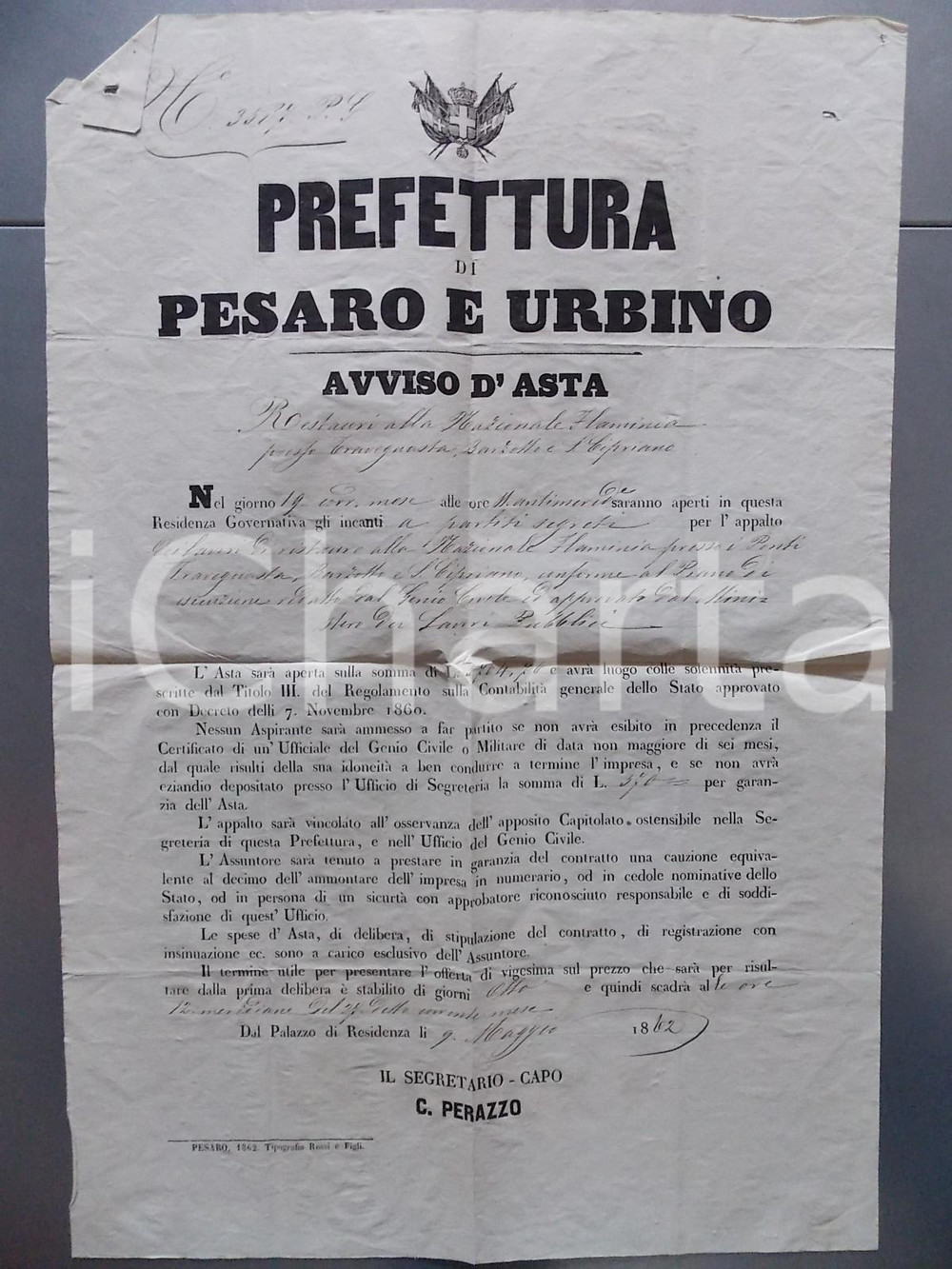 Documento originale, autentico 1862 SAN CIPRIANO PU Appalto per restauri ponte NAZIONALE FLAMINIA Manifesto 1