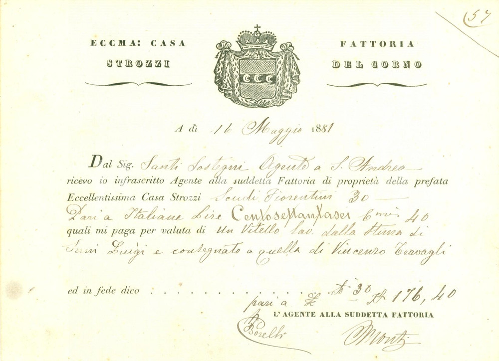 Documento originale, autentico 1881 SAN CASCIANO VAL DI PESA FI Fattoria DEL CORNO Casa STROZZI Ricevuta 1