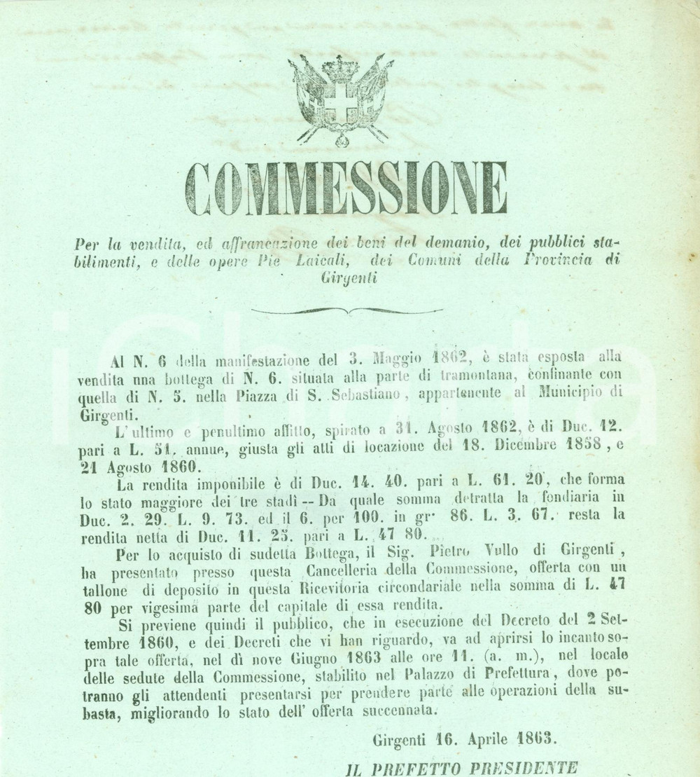 Documento originale, autentico 1863 GIRGENTI AG Pietro VULLO acquista bottega Piazza SAN SEBASTIANO Manifesto 1
