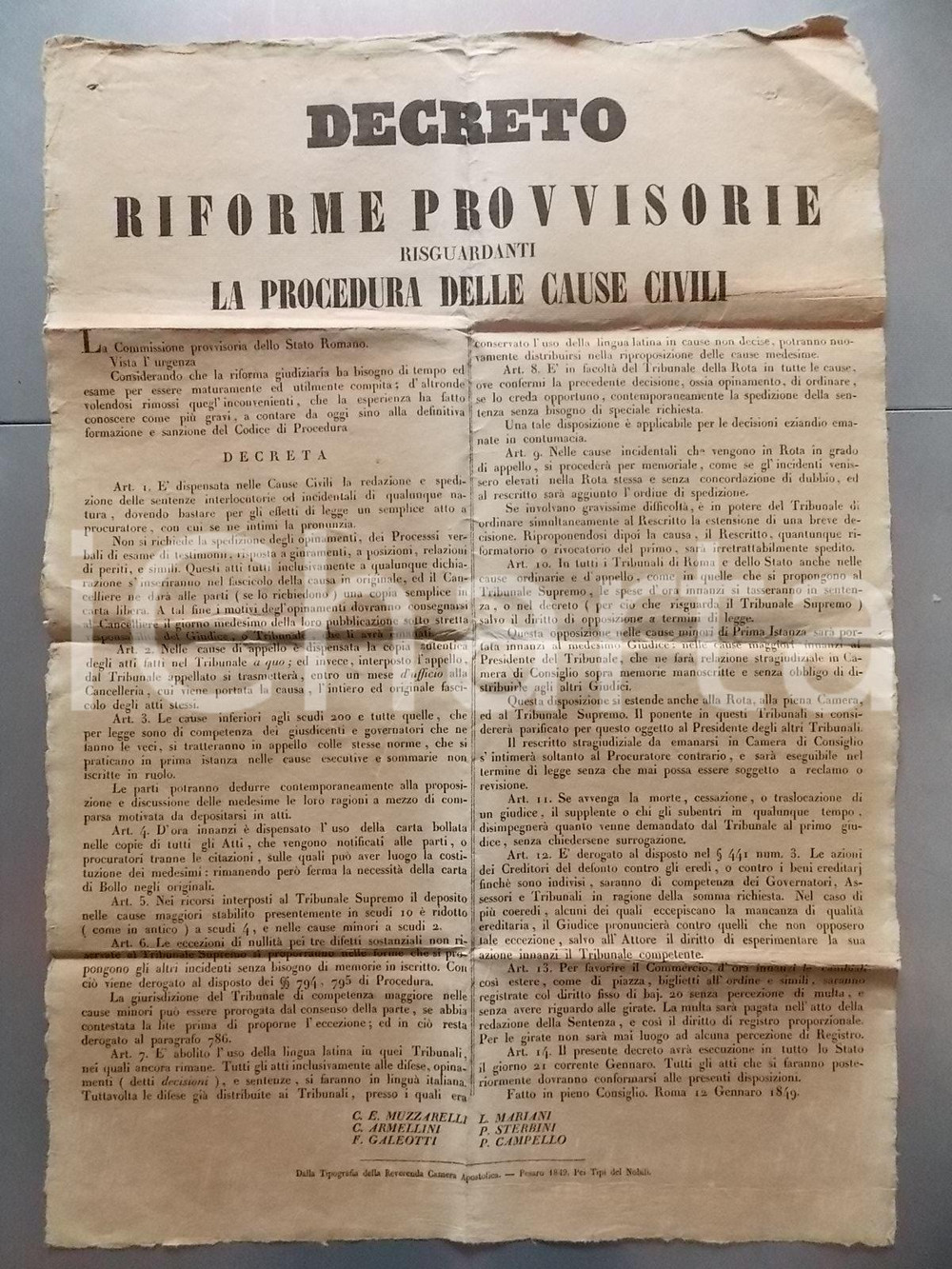 Documento originale, autentico 1849 REPUBBLICA ROMANA Riforme provvisorie risguardanti la procedura civile 1