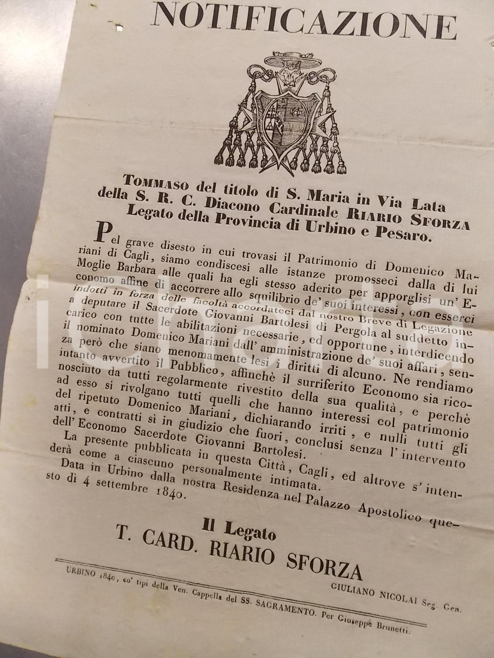 Documento originale, autentico 1840 CAGLI PU Domenico MARIANI interdetto su richiesta della moglie MANIFESTO 1