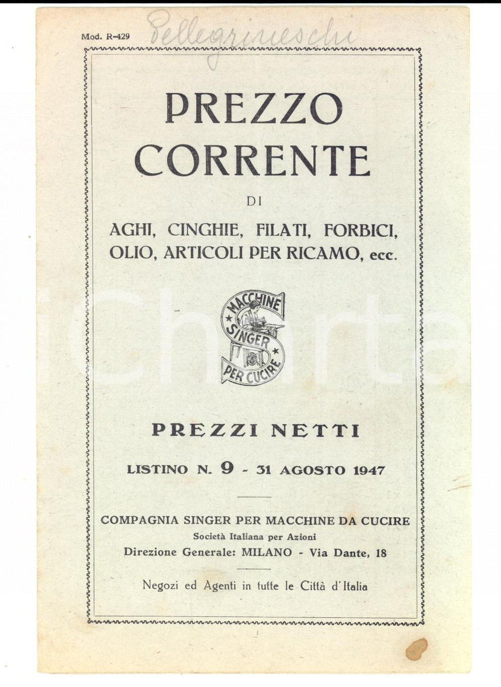 Materiale pubblicitario d’epoca 1947 MILANO Macchine da cucire SINGER Listino prezzi Pubblicitario 1