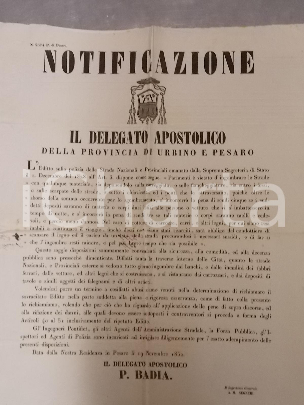 Documento originale, autentico 1852 STATO PONTIFICIO Editto polizia stradale  Ingombro delle strade Manifesto 1