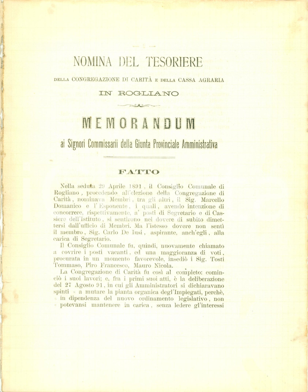 Documento originale, autentico 1892 ROGLIANO CS Antonio TOSTI Nomina Tesoriere Congregazione Carità 1