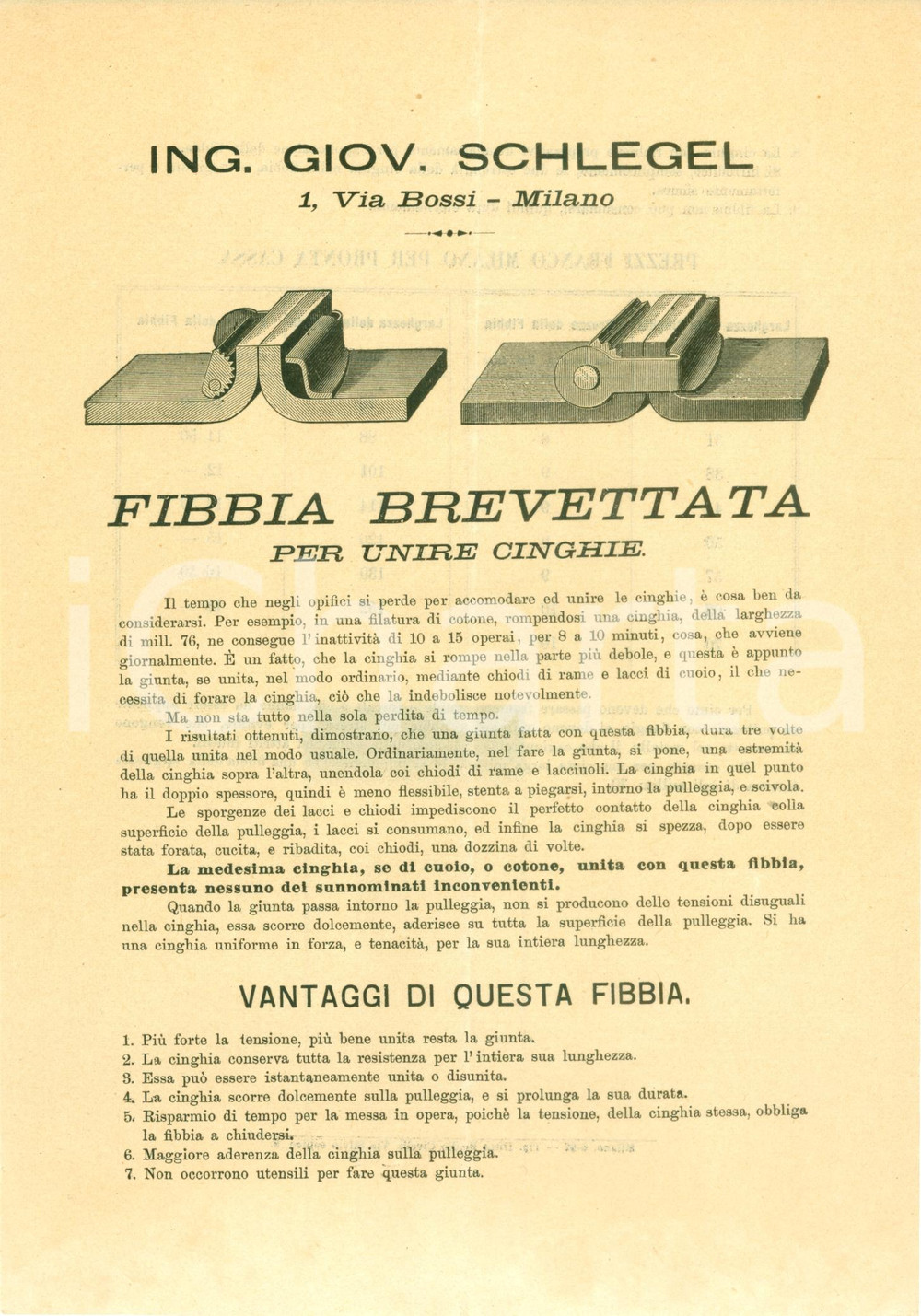 Materiale pubblicitario d’epoca 1900 ca MILANO Ing. Giovanni SCHLEGEL Fibbia brevettata per cinghie ILLUSTRATO 1