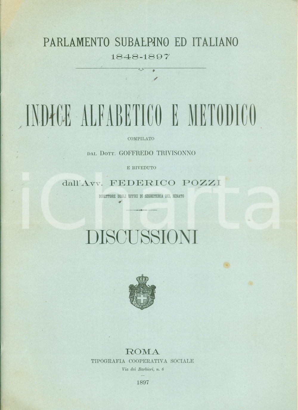 Libro, pubblicazione d epoca 1897 PARLAMENTO SUBALPINO ED ITALIANO Indice alfabetico ABATEMARCO  ALLIEVI 1