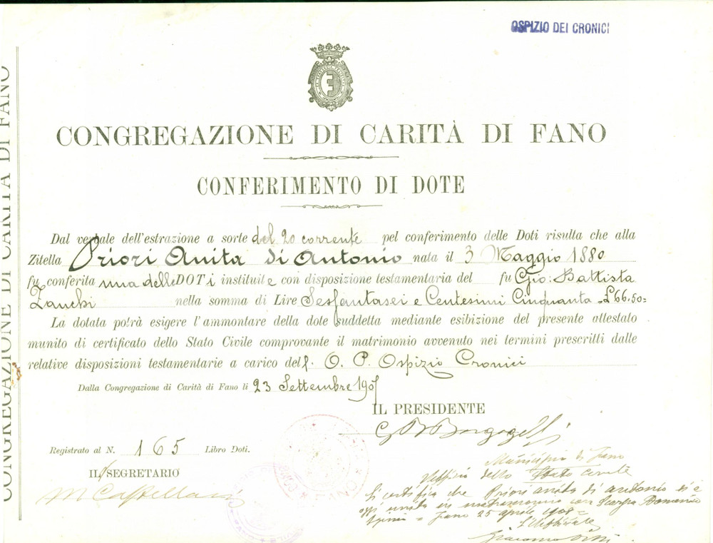 Documento originale, autentico 1907 FANO PU CONGREGAZIONE CARITA  Anita PRIORI riceve dote Giovanni ZANCHI 1