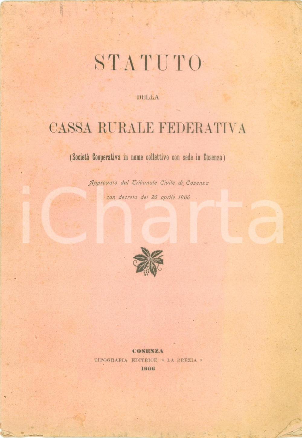 Documento originale, autentico 1906 COSENZA Statuto Cassa Rurale Federativa Pubblicazione 1