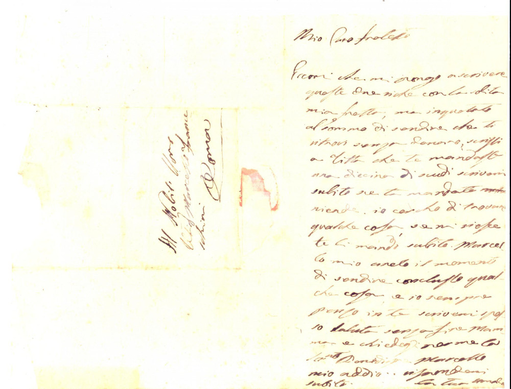 Autografo originale 1840 ca PERUGIA ? Amalia FRANCESCHINI procura denaro al fratello Marcello 1