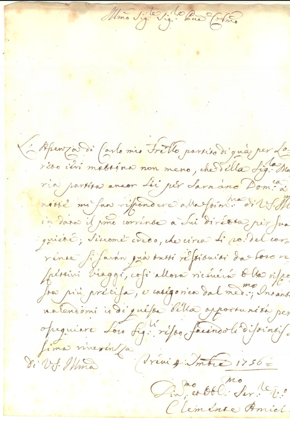 Autografo originale 1756 TREVI PG Nobile Clemente AMICI risponde in assenza del fratello AUTOGRAFO 1