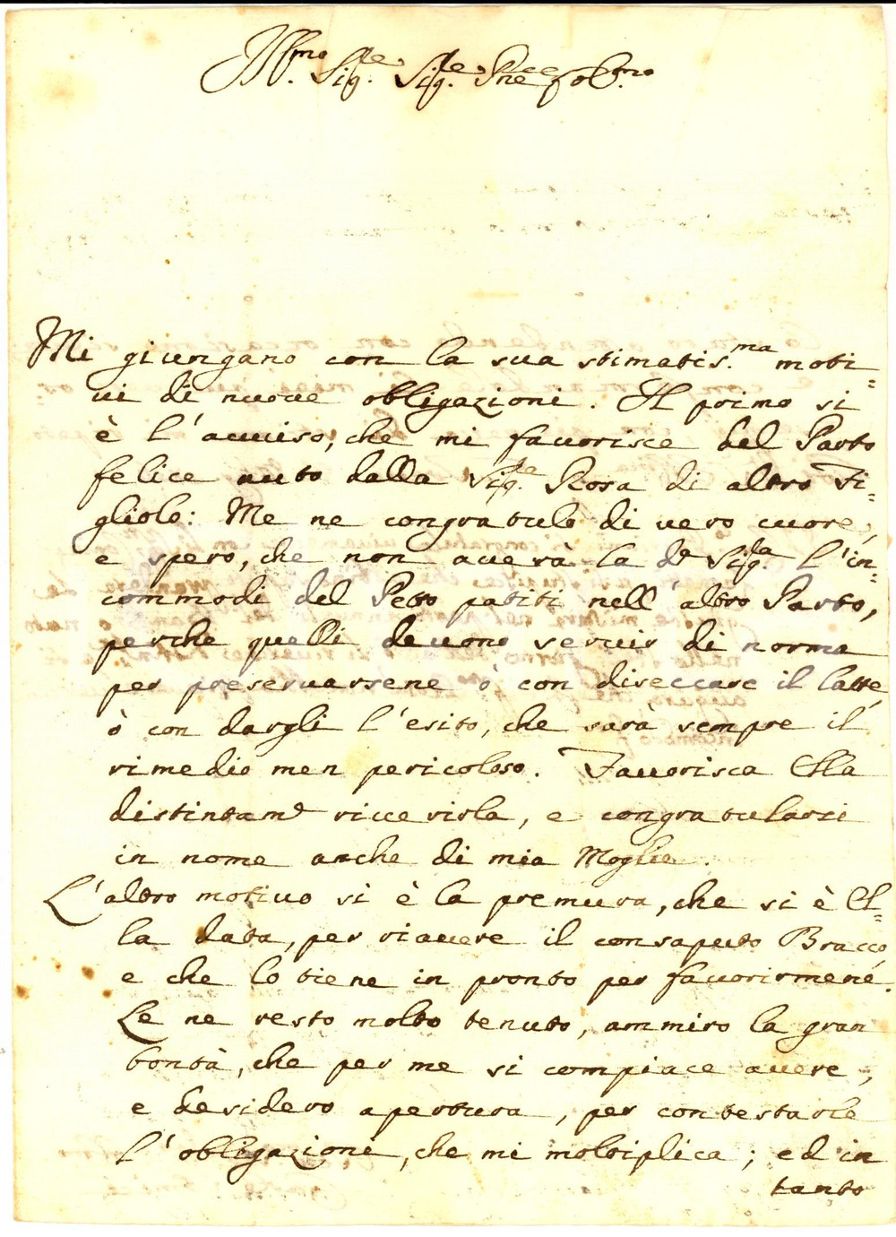 Autografo originale 1756 TREVI PG Nobile Carlo AMICI si congratula per il parto di Rosa LEONETTI 1