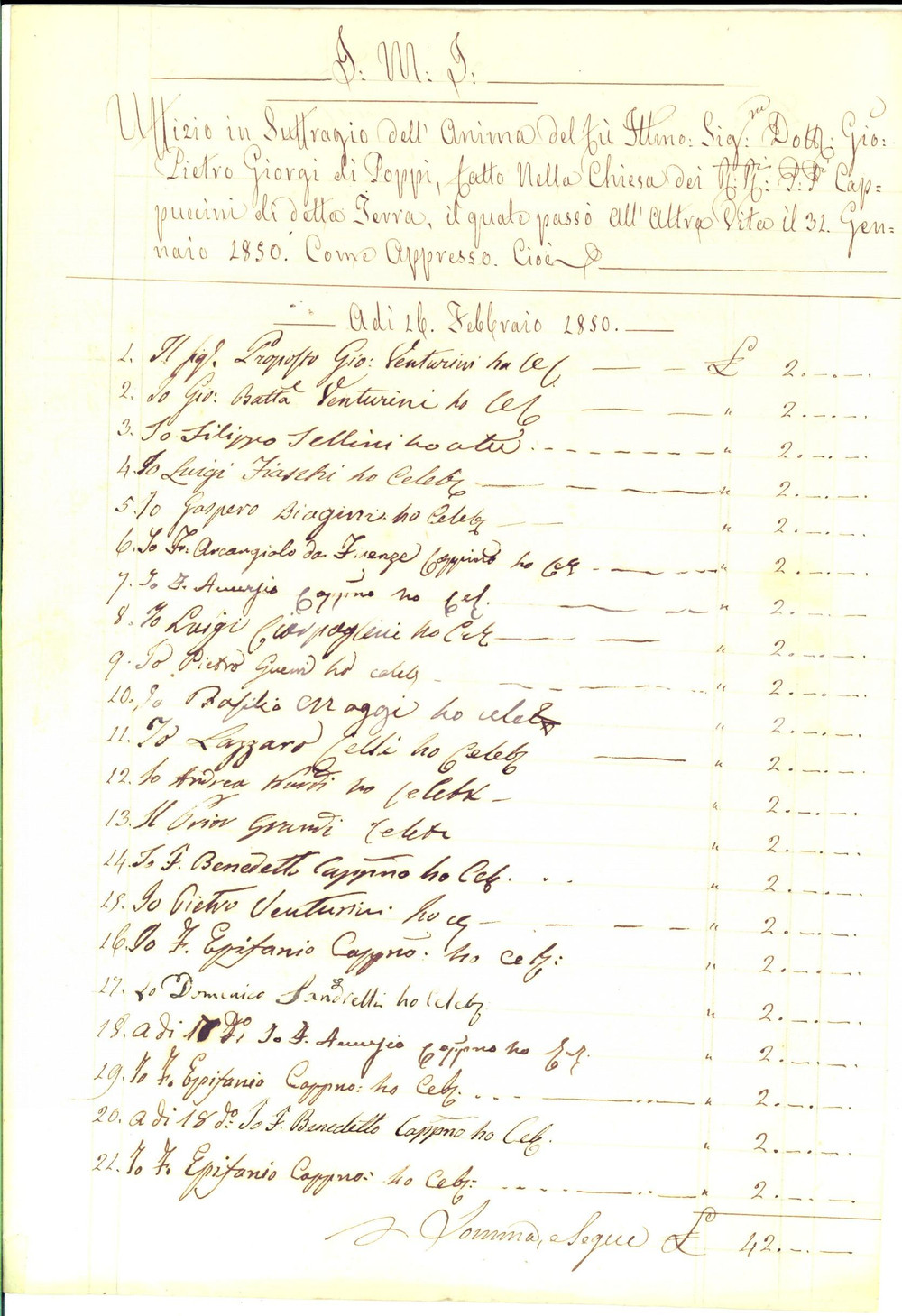 Documento originale, autentico 1850 POPPI AR Uffizio Padri Cappuccini in suffragio di Giovanni Pietro GIORGI 1