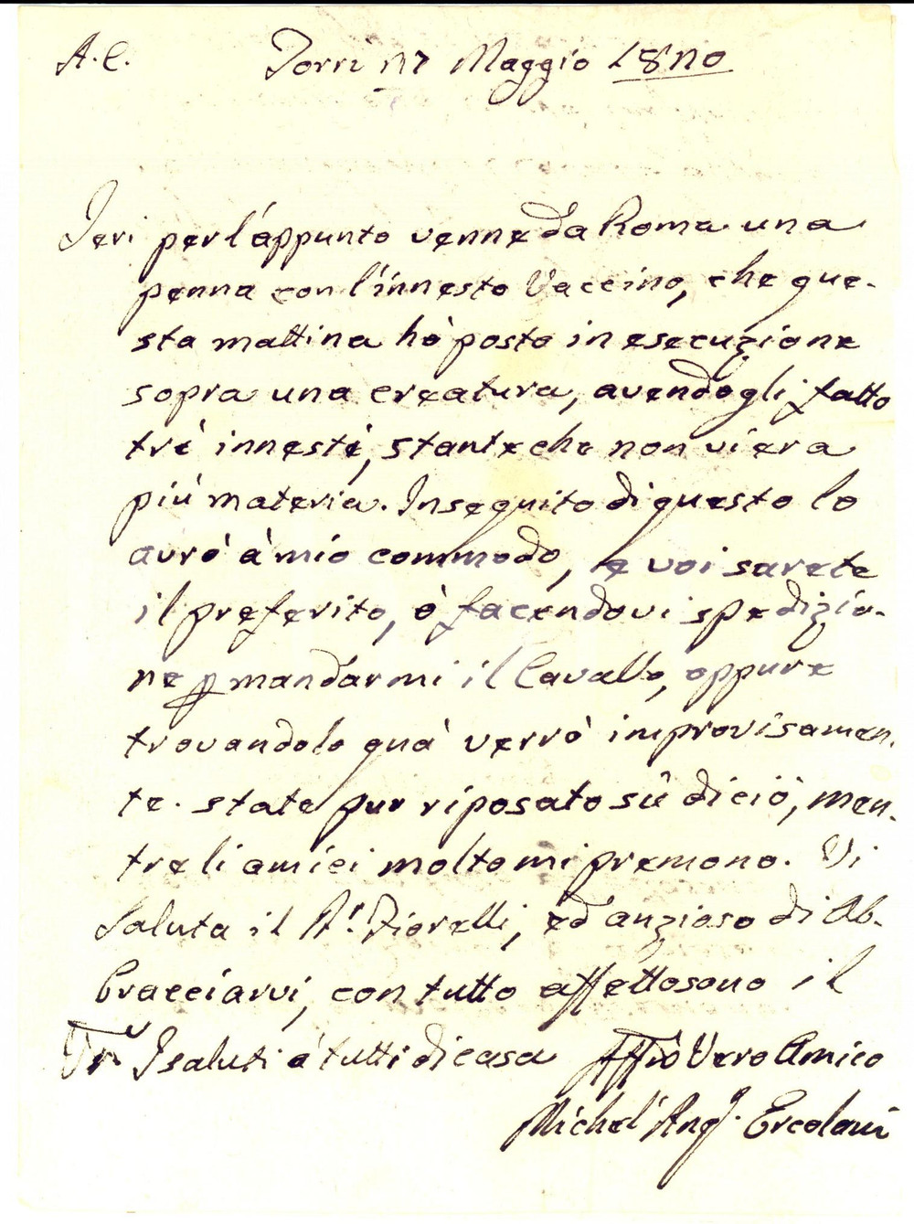 Documento originale, autentico 1820 TORRI IN SABINA RI Michelangelo ERCOLANI pratica l innesto vaccino 1