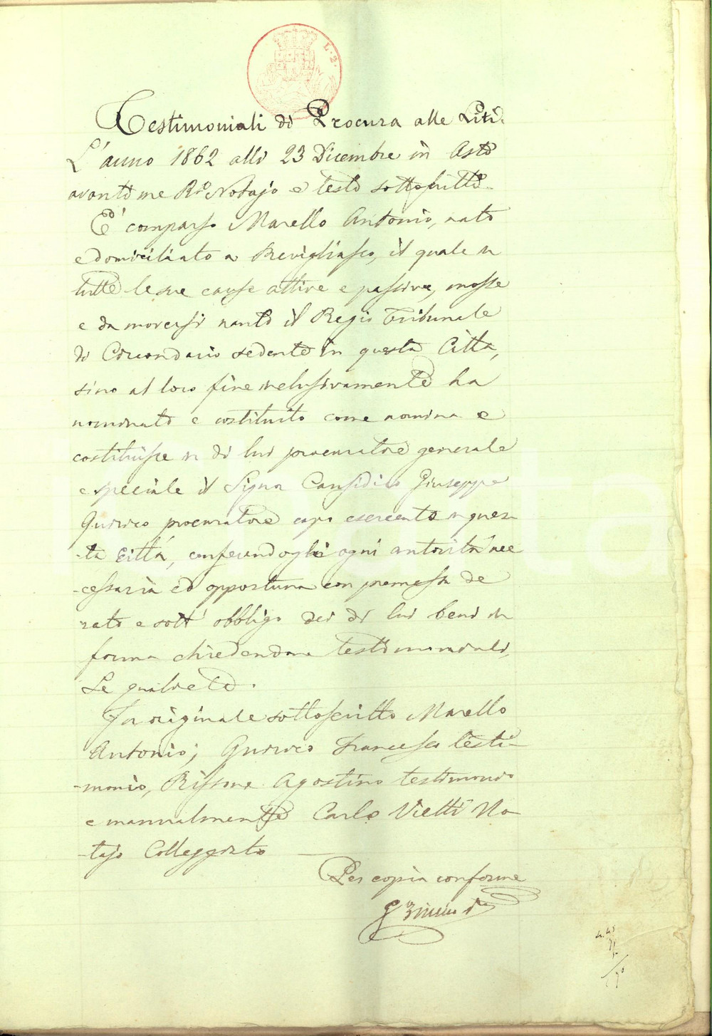 Documento originale, autentico 1866 REVIGLIASCO AT Causa per denaro tra fratelli Antonio e Francesco MARELLO 1