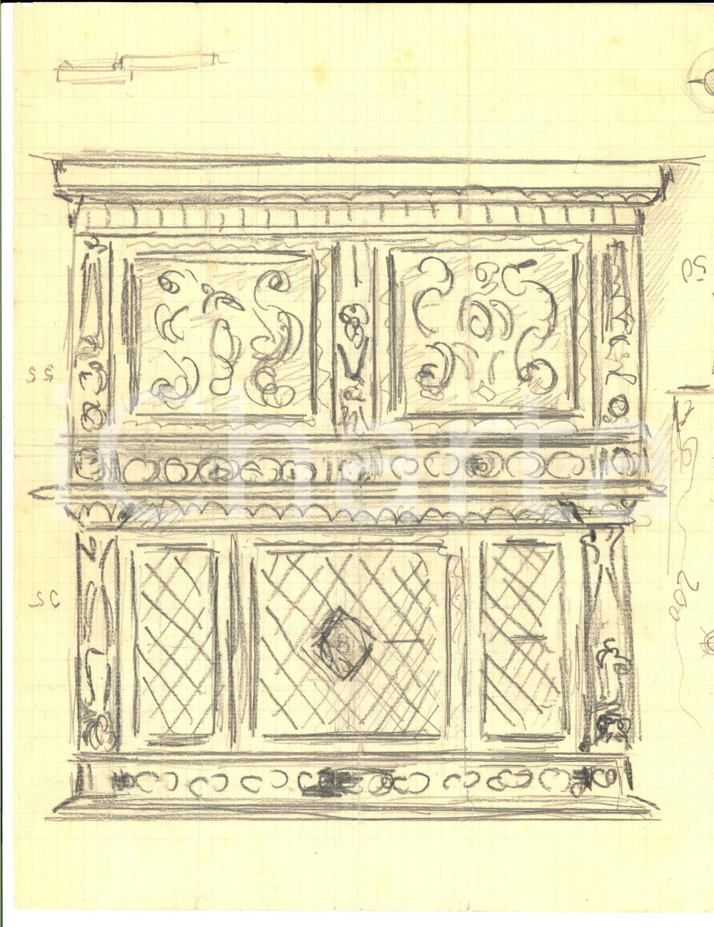 Stampa, bozzetto originale 1910 ca ROMA Via MARGUTTA Ernesto BASTIANELLO Bozzetto per mobile da soggiorno 1