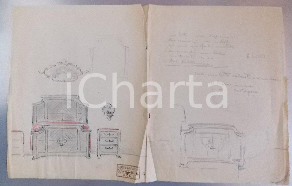 Stampa, bozzetto originale 1910 ca ROMA Via MARGUTTA Ernesto BASTIANELLO Bozzetto per camera da letto 30x50 1