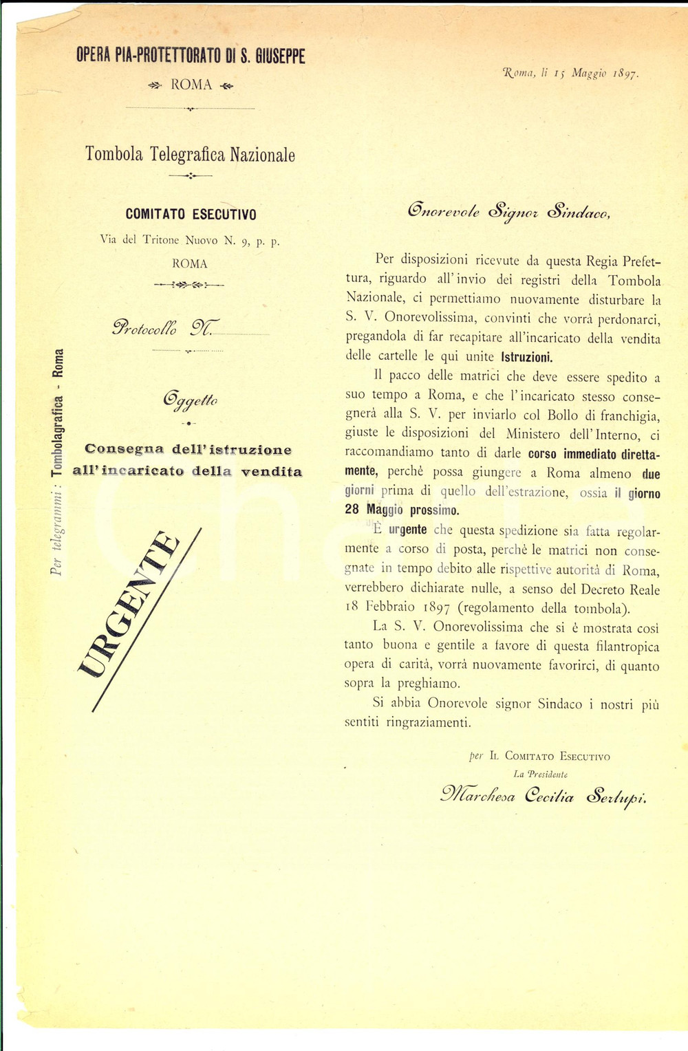 Oggetto da collezione cartaceo 1897 ROMA Opera Pia SAN GIUSEPPE Tombola telegrafica nazionale Lettera 1