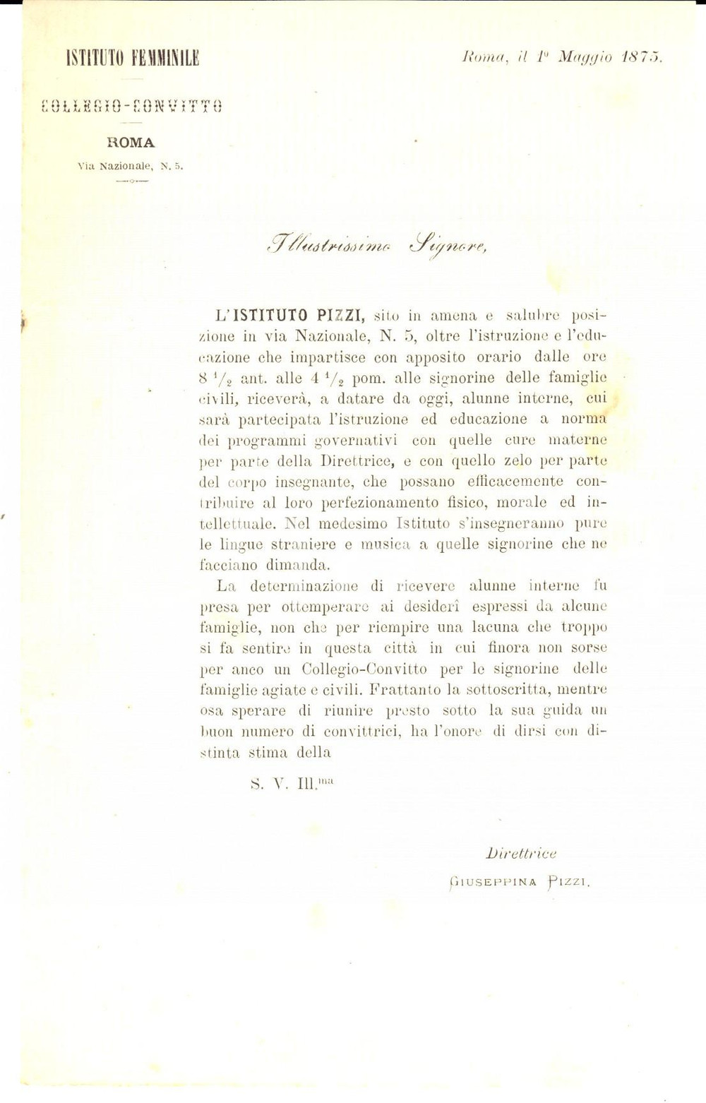 Documento originale, autentico 1875 ROMA Via Nazionale 5 Istituto di educazione privato femminile PIZZI Lettera 1