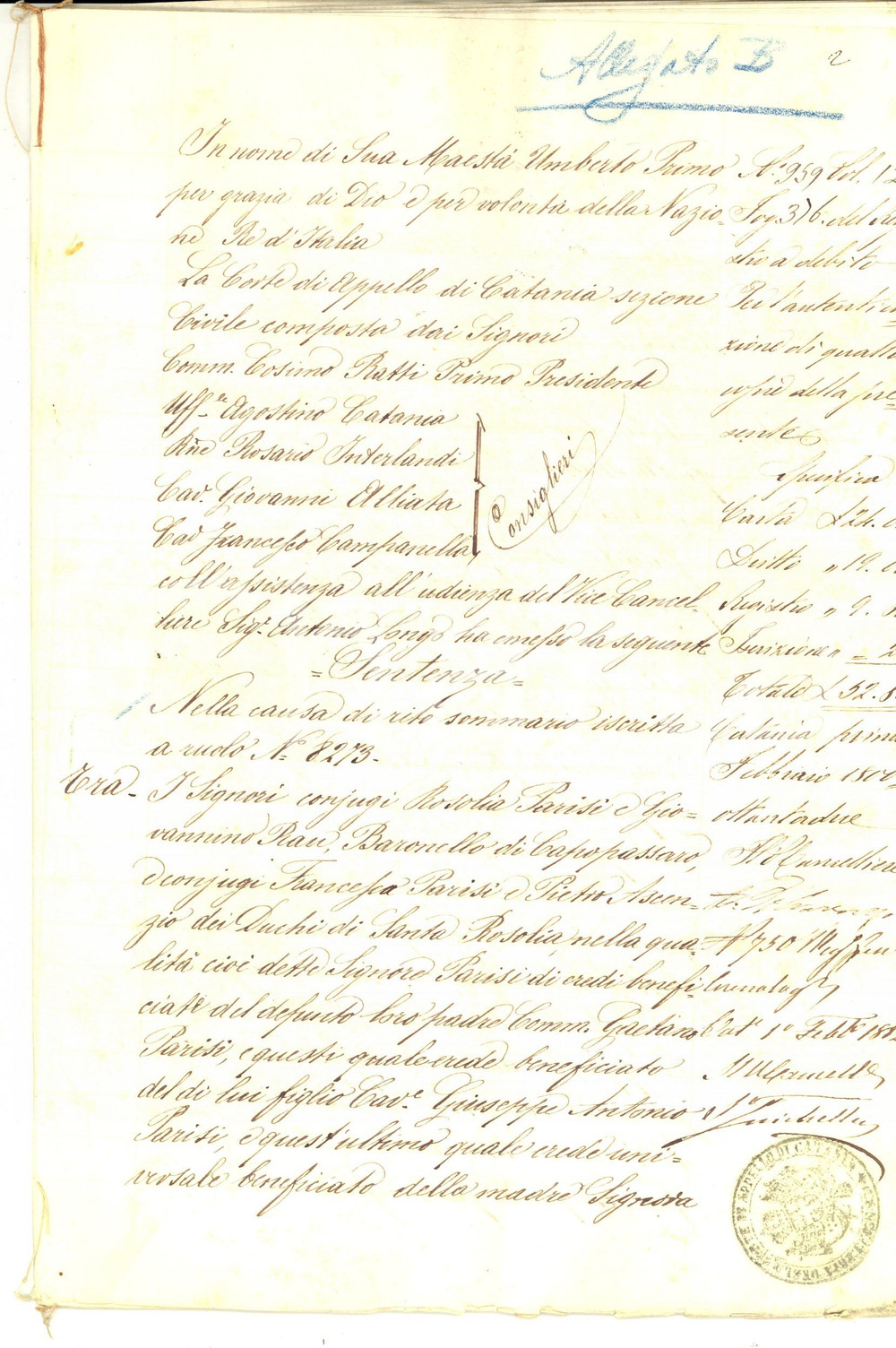 Documento originale, autentico 1882 PALERMO Lite sorelle PARISI vs. FONDO PER IL CULTO Manoscritto 18 pp. 1