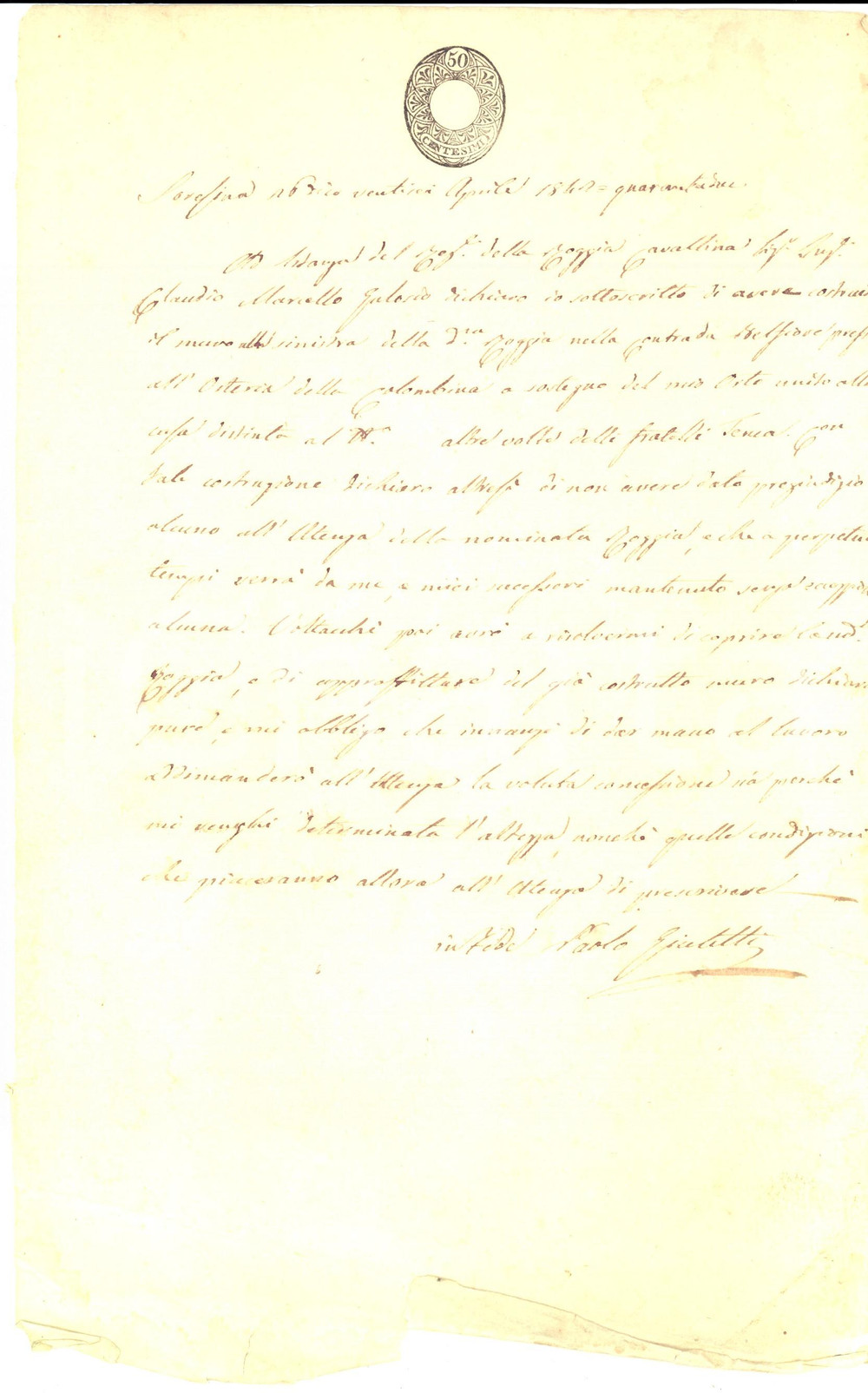 Documento originale, autentico 1842 SORESINA CR Paolo GIULETTI costruisce muro di sostegno per l orto 1