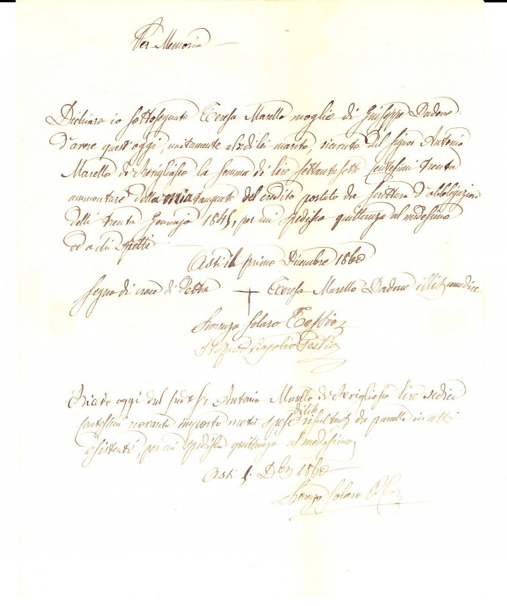 Documento originale, autentico 1860 ASTI Ricevuta Teresa MARELLO per saldo tangente credito Documento 1