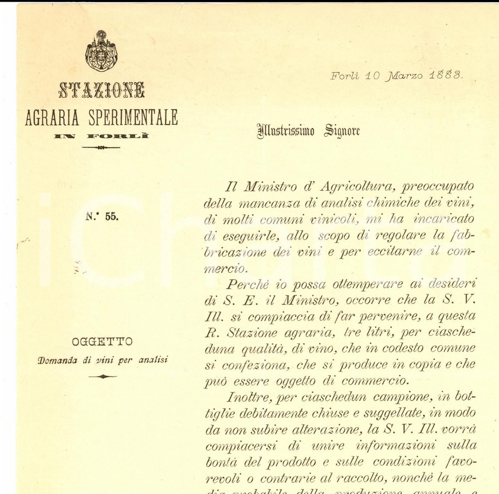 Documento originale, autentico 1883 FORLI  Domanda di vini per analisi STAZIONE AGRARIA SPERIMENTALE Lettera 1