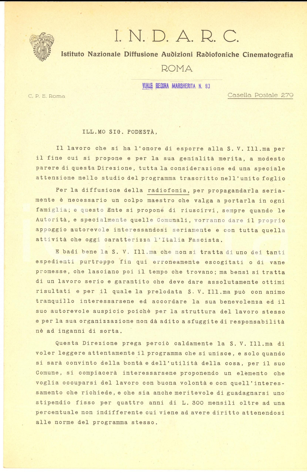Documento originale, autentico 1940 ca ROMA INDARC RADIOFONIA Ricerca fiduciari per audizioni serali pubbliche 1