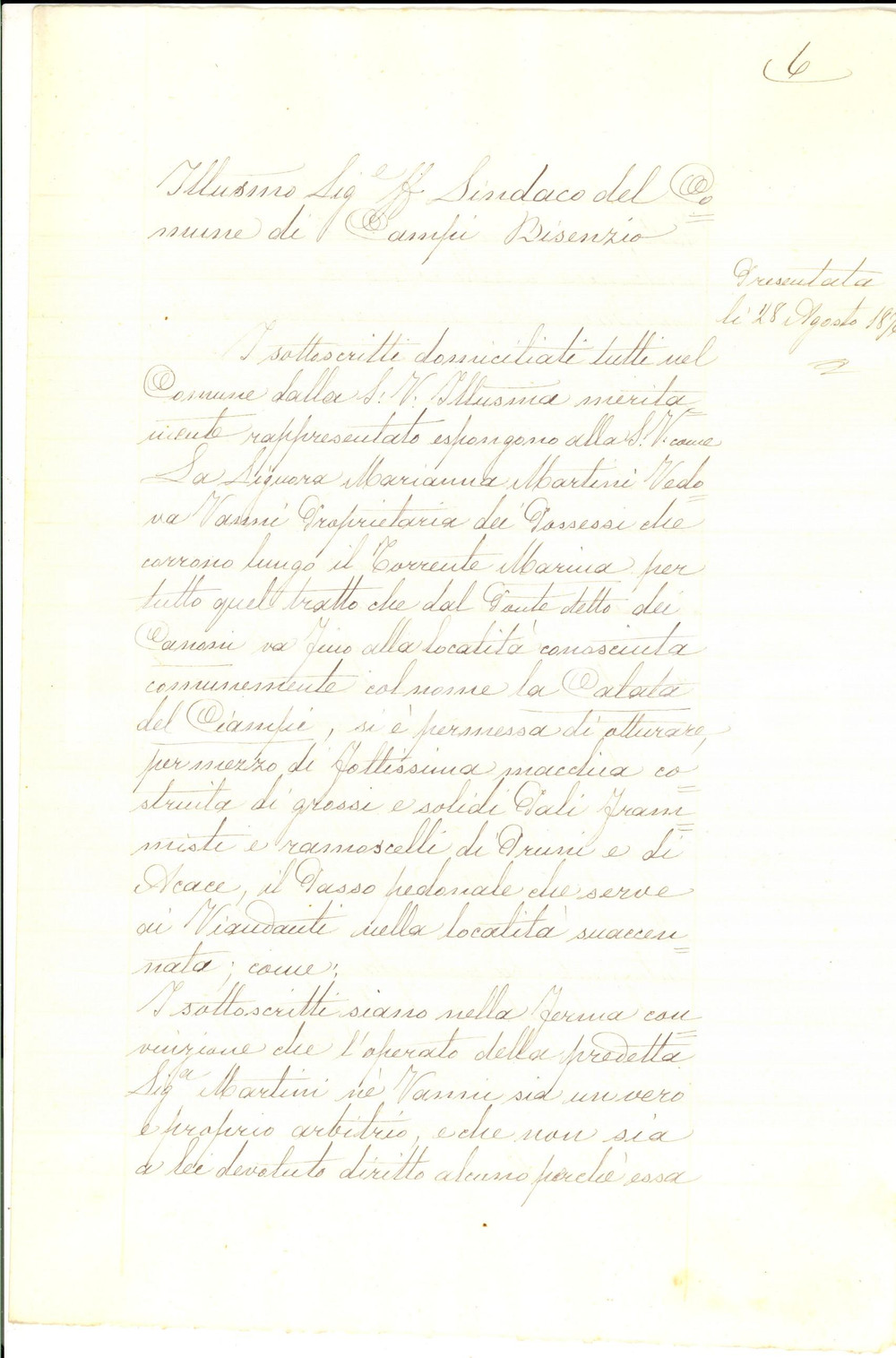 Documento originale, autentico 1876 CAMPI BISENZIO Petizione contro Marianna MARTINI chiusura torrente MARINA 1
