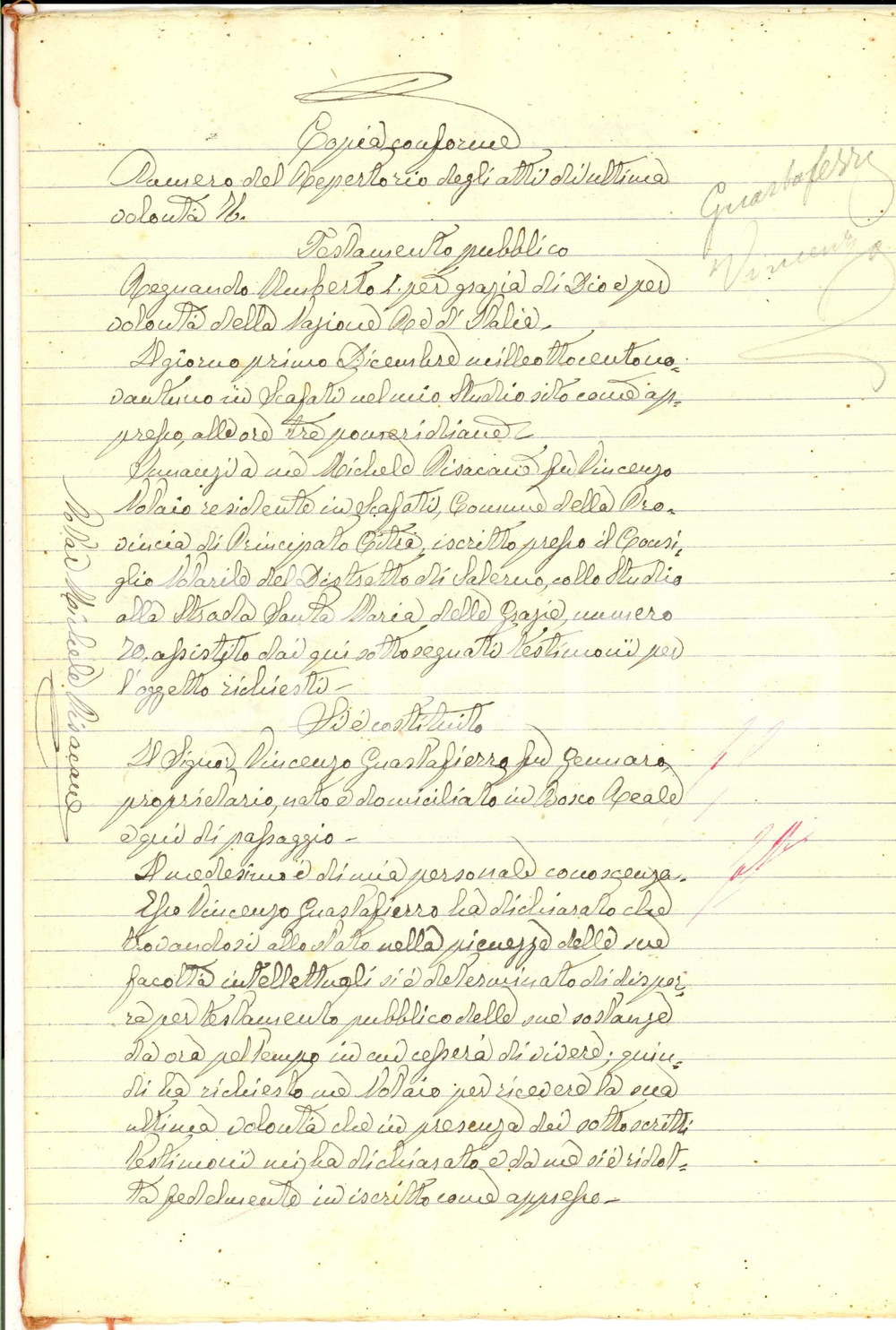 Documento originale, autentico 1891 BOSCOREALE NA Testamento Vincenzo GUASTAFIERRO pro figli e moglie Carmela 1