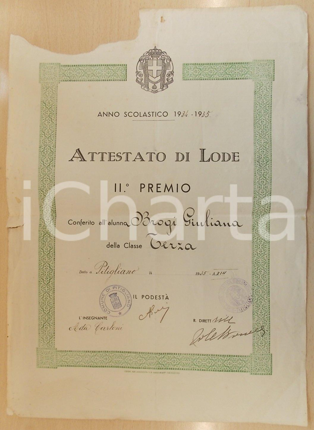 Documento originale, autentico 1935 PITIGLIANO GR Attestato di lode per l alunna Giuliana BROGI cm 30x40 1