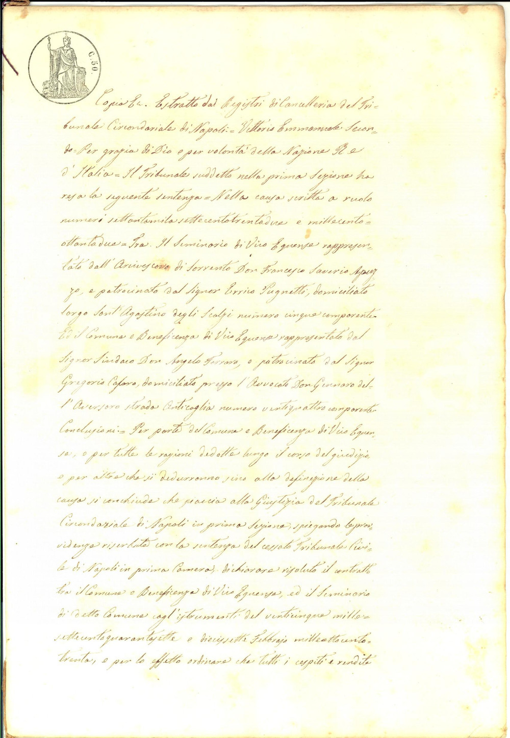 Documento originale, autentico 1866 VICO EQUENSE NA Risoluzione contratto tra Comune e il Seminario per censi 1